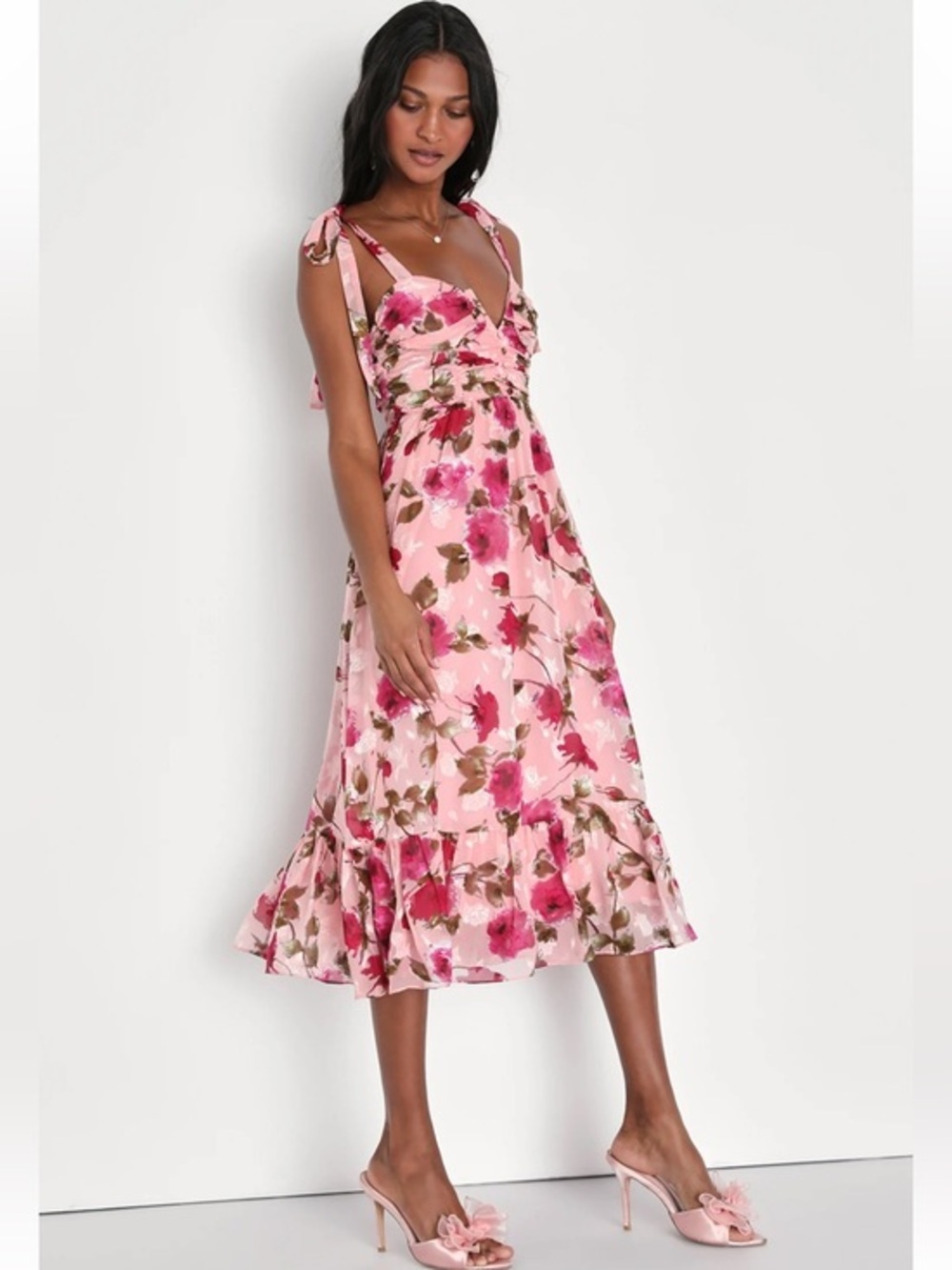Lulu’s Pink Floral Tie-Shoulder Midi Dress